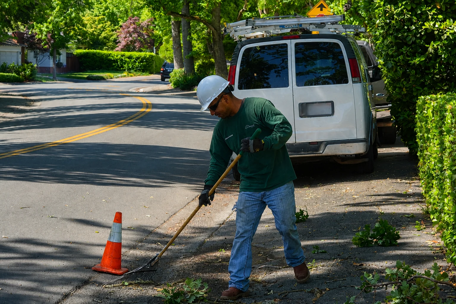 Natural Arbor Care team member raking up branches and leaves at the end of a job