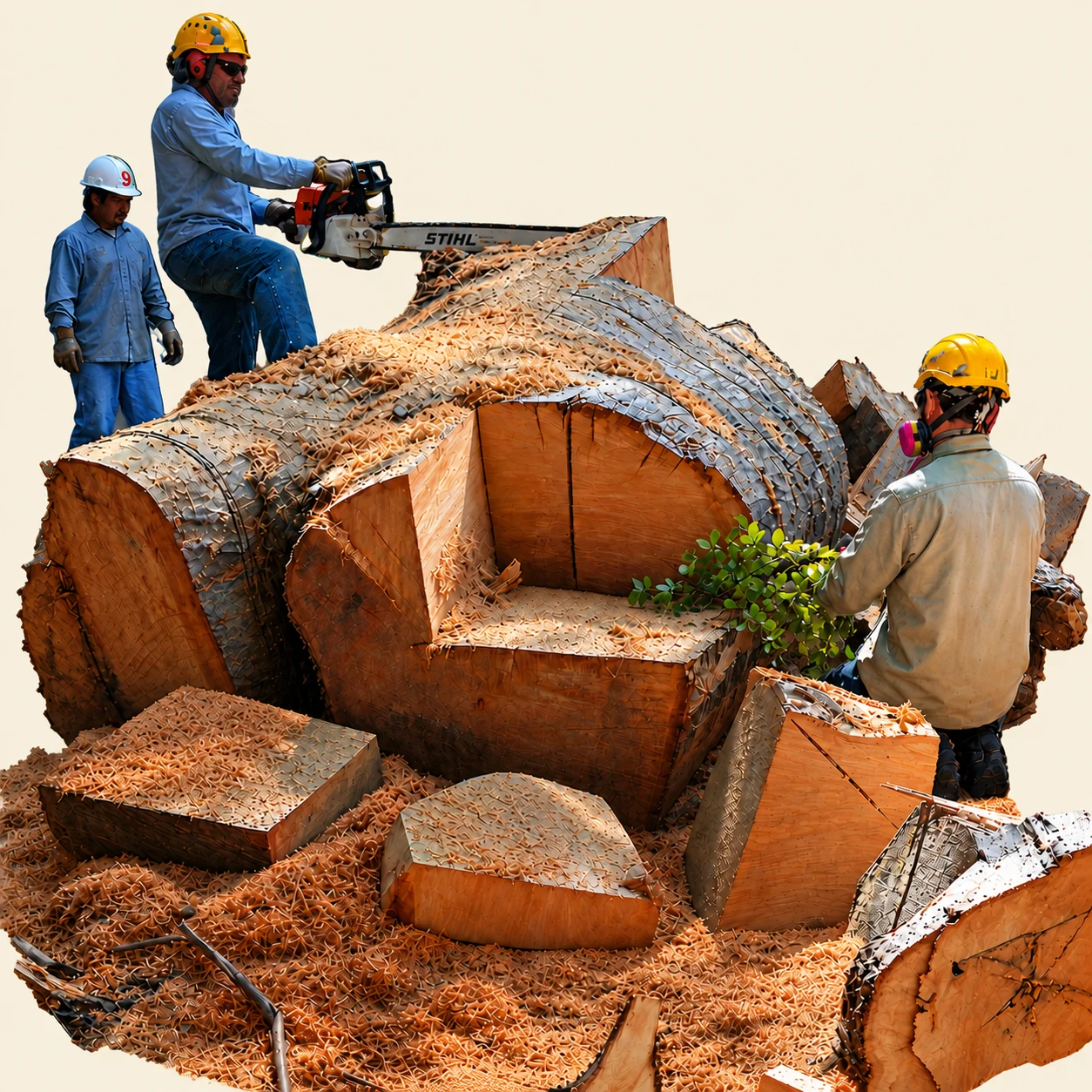 Tree workers cutting a large trunk into sections